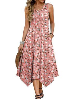 Hotouch Women's Floral Pink Stylish Sleeveless Sundress Hankerchief Beach Dress